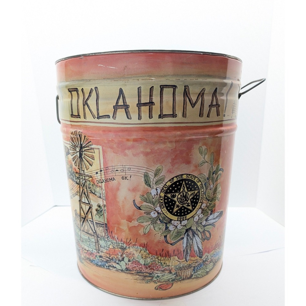 Vintage Oklahoma State Mural Tin Metal Popcorn Canister Bucket Susan Lozano Art
